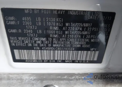 2013 Subaru Outback 3.6R Limited from USA, damaged, VIN 4S4BRDLC8D2293504